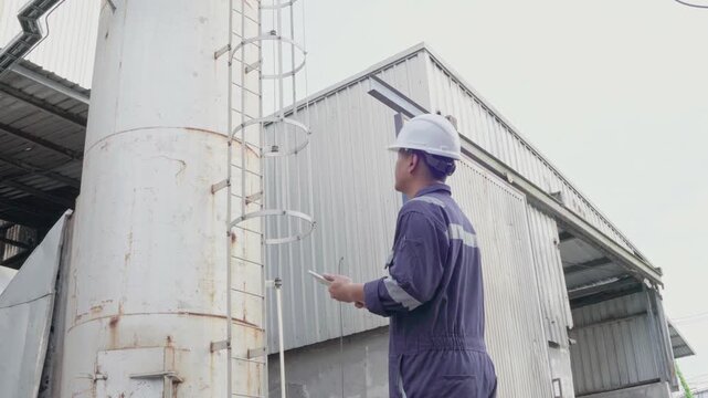 Environmental engineer conversation with team of technicians use radio, tablet and taking report to continuous emission monitoring systems at industrial plant. Sustainable air pollution reduction. ESG