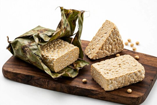 Authentic Indonesian Raw Tempeh in Banana Leaf on Wooden Board Traditional Tempe