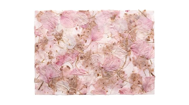 Handmade botanical paper sheet embedded with delicate pink flower petals and natural plant fibers isolated on white background