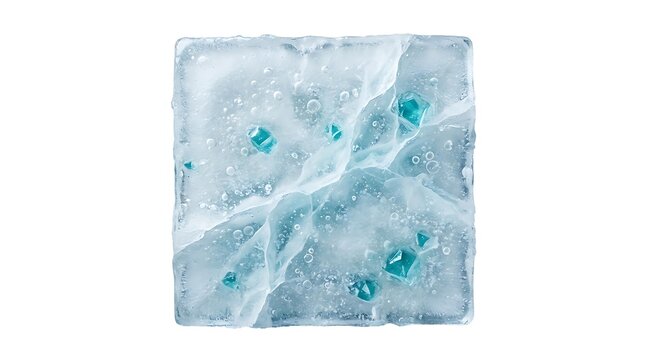 Square block of textured translucent blue ice filled with frozen air bubbles and glowing crystalline gemstones inside