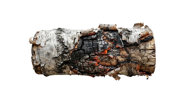 A single birch log burning with glowing embers and charcoal texture isolated on white background