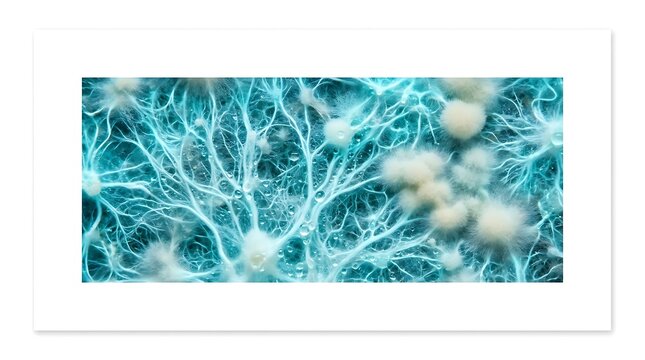 Macro view of glowing blue mycelium network with intricate fungal hyphae and water droplets in a dark laboratory