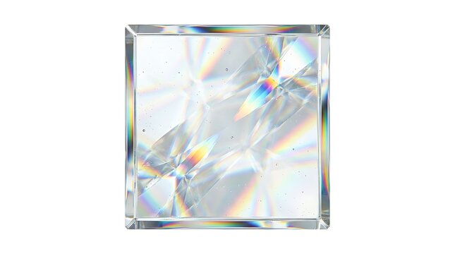 Square optical glass prism creating vibrant rainbow light refractions isolated on pure white background