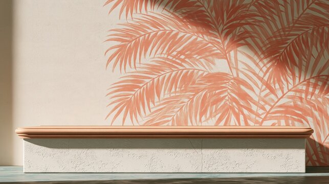 Minimal product display podium against a textured wall with peach palm leaf patterns, featuring crisp noon shadows for a summer mockup