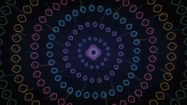 Abstract neon mandala pattern featuring glowing circular geometric shapes and colorful swirling light lines in darkness