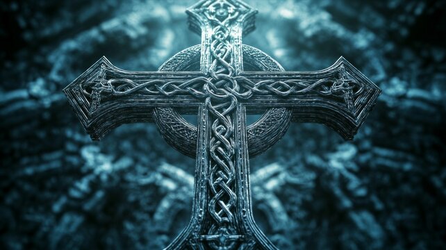 Intricate celtic cross on stone wall. Artificial intelligence image