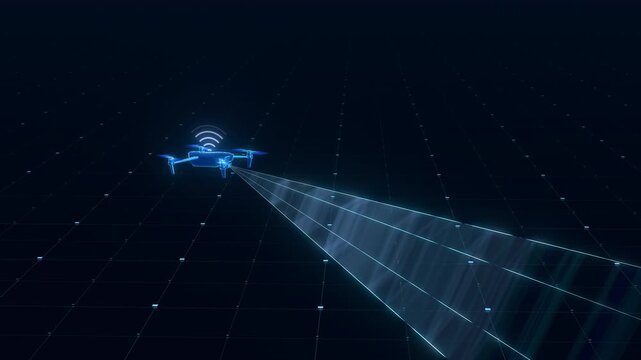 Holographic digital drone flying over a perspective grid and scanning the surface with a virtual camera frustum, ideal for a technology presentation backdrop or broadcast opener.
