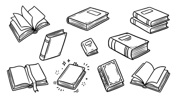 Hand drawn book outline doodle collection with open closed stacked and vintage reading books