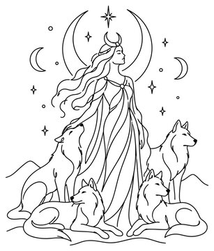 "Lunar Wolf Goddess". Minimalistic one-line drawing elegant goddess with flowing robes and moon crown beside a pack of calm wolves under night sky symbols, continuous single black line on white