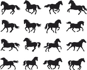 Obraz premium Running wild horse silhouettes icons collection domestic animal vector illustration isolated on white background