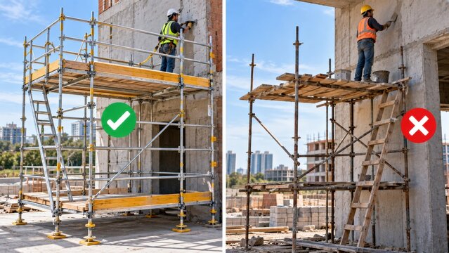 Certified industrial scaffolding structure with guardrails versus improvised unsafe wooden ladder platform.