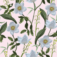 Obraz premium White Wild Roses and Lily of Valley Botanical Seamless Pattern on Pink Background