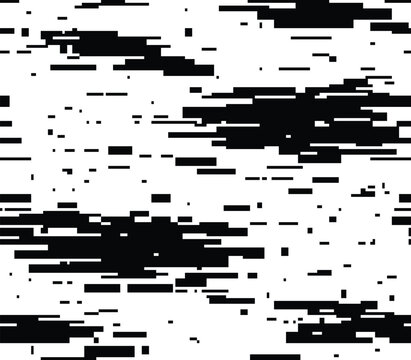 Seamless horizontal black digital glitch pattern with rectangular shapes.