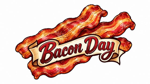 Decorative illustration for International Bacon Day celebration with crispy bacon strips and ribbon.