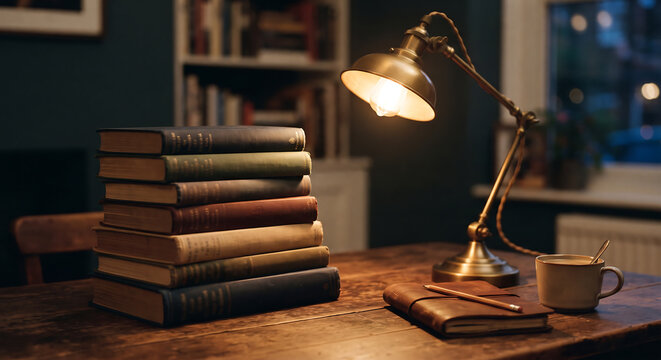 Cozy Reading Nook: A stack of antique books rests beside a vintage brass desk lamp casting a warm glow, with a leather-bound notebook and pen ready for inspiration.