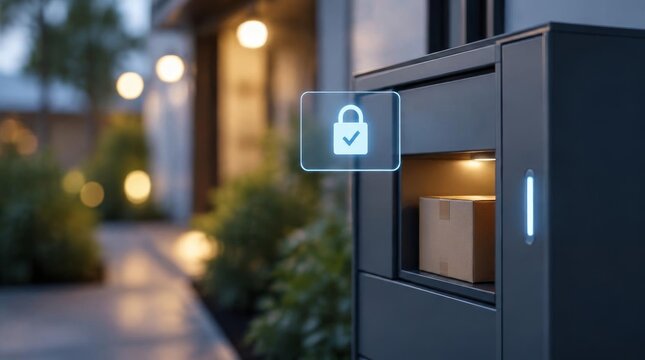Smart parcel delivery locker with secure digital lock and cardboard package outdoors at evening