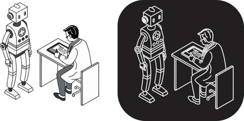 Fototapeta premium Isometric vector illustration of doctor sitting at desk working on tablet while consulting with humanoid robot in clinic laboratory 