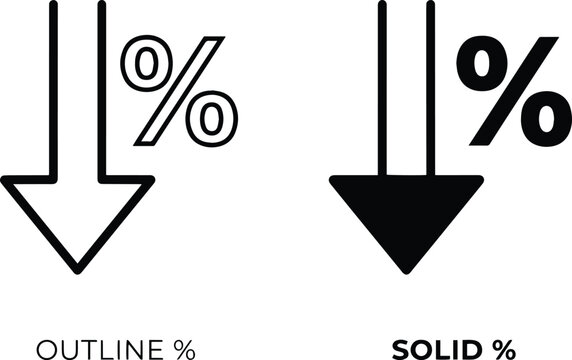 Percentage symbol with downward arrow icons in outline and solid styles decrease icon business stati