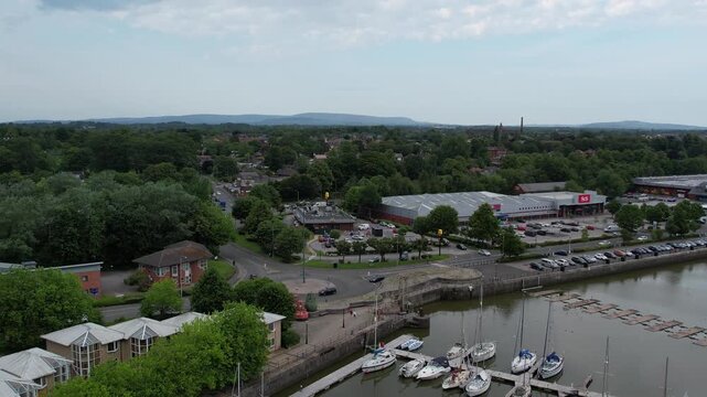 Aerial View of Preston City Docks and Port of Lancashire, Northern England, United Kingdom. Drone's Camera From Medium High Altitude on June 13th, 2025.