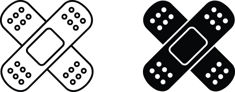 Adhesive bandage icon set in line and solid styles with medical plaster first aid crossed bandages