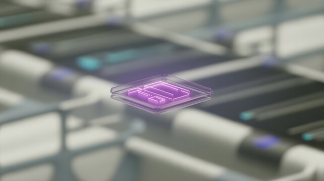 Close-up view of a purple microchip on a circuit board