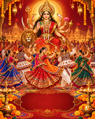 Fototapeta premium Navratri Durga Pooja Dandiya Garba Celebration with Vibrant Traditional Decor, Decorative Diyas, Colorful Patterns, Festive Lights and Joyful Indian Cultural Ambience