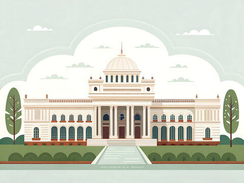 Indian Museum Kolkata exterior with grand neoclassical columns and landscaped forecourt, modern premium flat vector illustration