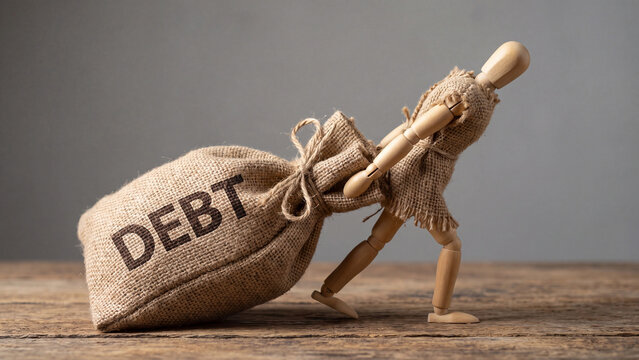 Wooden mannequin figurine pulling a heavy burlap sack labeled with financial debt concept text.