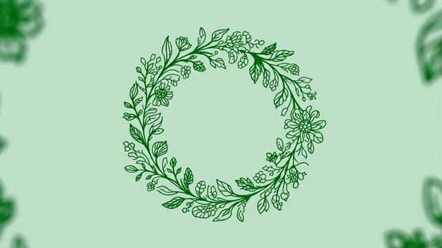 Green Floral Wreath with Botanical Corner Elements on Plain Background. 4K Video