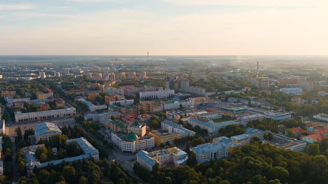 Yoshkar-Ola, Russia. Administration of the Head and Government of the Republic of Mari El. city center during sunset. Drone footage