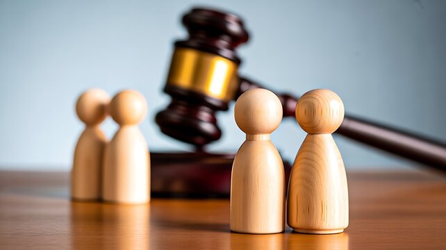 Legal judgment concept with gavel and miniature people in court