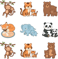 Obraz premium Cute Cartoon Wild Animals Mother and Baby Set Featuring Tiger Elephant Bear Panda Monkey and Fox Family Clipart Icons for Children Graphic Designs