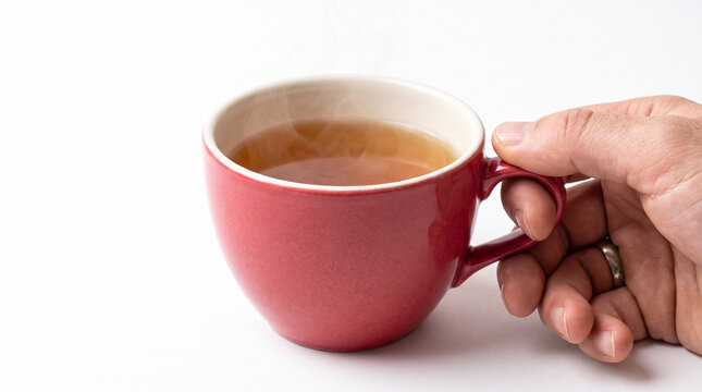 Hand holding a red cup of steaming tea on white background  