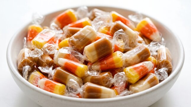 Assorted individually wrapped caramel corn candy pieces in white bowl