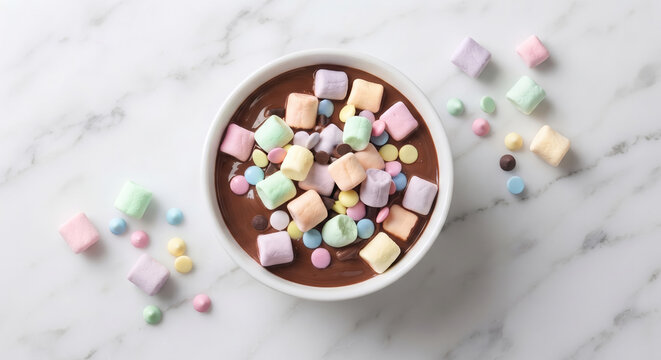 A bowl of rich hot chocolate topped with colorful mini marshmallows and chocolate chips on a marble surface