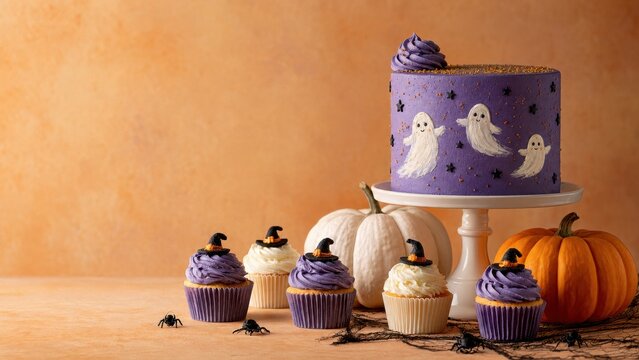 Purple Halloween cake with painted ghosts, witch hat cupcakes and pumpkins arranged for a festive dessert party