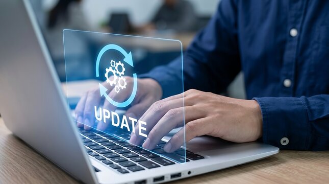 Professional laptop user initiating software update process, blue holographic gear interface, digital transformation, glowing icons, typing