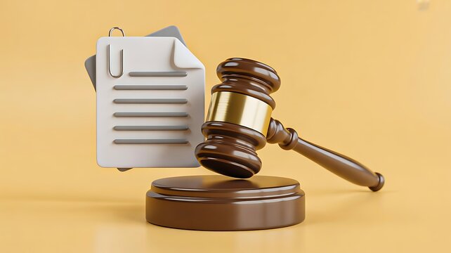 Legal gavel and document representing law, justice, court decisions, and legal proceedings