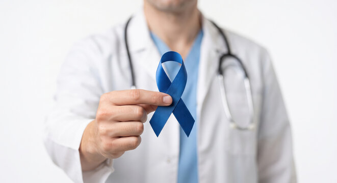 Doctor holding a blue ribbon symbolizing prostate cancer awareness and support for men's health initiatives