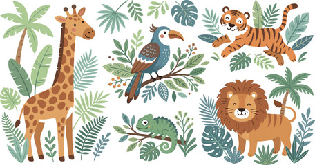 Fototapeta premium Cute Safari Animals and Tropical Jungle Leaves Vector Set with Giraffe Lion Tiger Toucan and Chameleon for Nursery Decor and Kids Prints