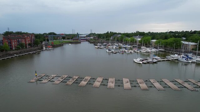 Aerial View of Preston City Docks and Port of Lancashire, Northern England, United Kingdom. Drone's Camera From Medium High Altitude on June 13th, 2025.