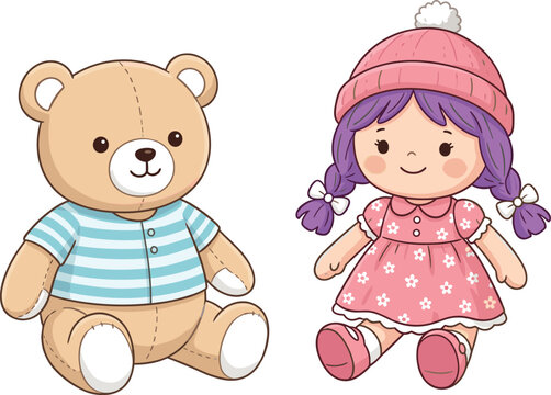 Cute Teddy Bear Plushie and Rag Doll Vector Illustration Set for Children Nursery Graphic Designs Baby Showers and Greeting Cards