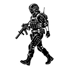 Fototapeta premium Modern soldier walking with rifle tactical gear and backpack isolated illustration