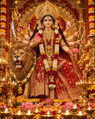 Fototapeta premium Navratri Durga Pooja Dandiya Garba Celebration with Traditional Indian Festive Decorations, Colorful Lights, Spiritual Ambience and Vibrant Cultural Festival Background