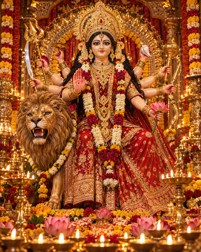 Navratri Durga Pooja Dandiya Garba Celebration with Traditional Indian Festive Decorations, Colorful Lights, Spiritual Ambience and Vibrant Cultural Festival Background