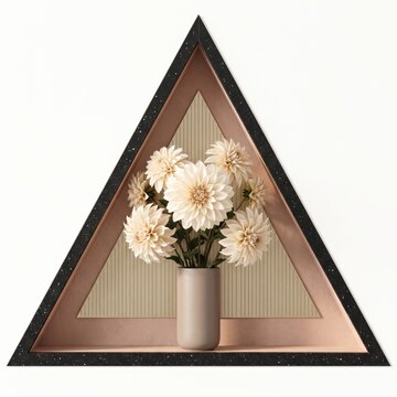 Beautiful white flowers in a grey vase inside a modern black triangle frame decorative art piece isolated on white background