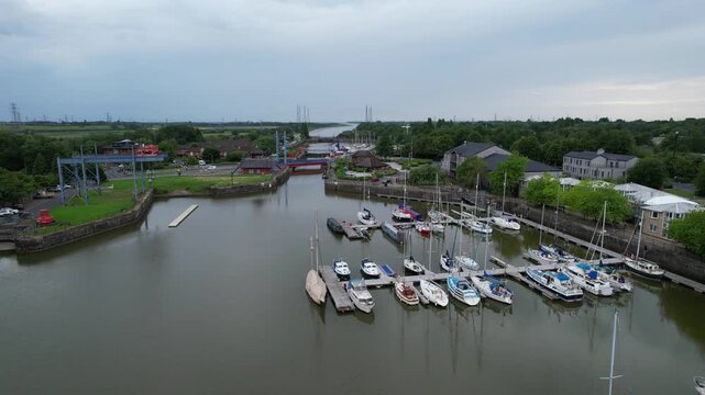 Aerial View of Preston City Docks and Port of Lancashire, Northern England, United Kingdom. Drone's Camera From Medium High Altitude on June 13th, 2025.