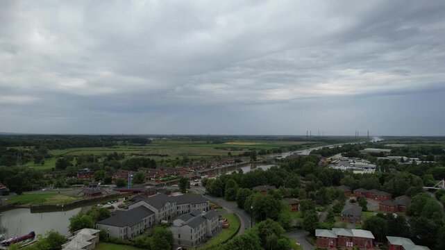 Aerial View of Preston City Docks and Port of Lancashire, Northern England, United Kingdom. Drone's Camera From Medium High Altitude on June 13th, 2025.