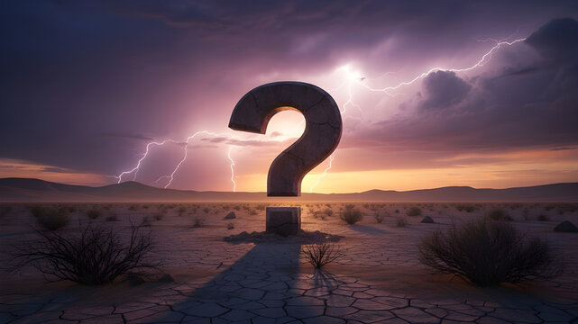 Question mark stone monument standing in a desolate cracked desert landscape during a dramatic purple thunderstorm