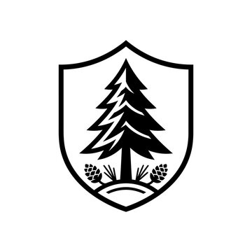Pine tree emblem with pinecones on shield outline nature symbol